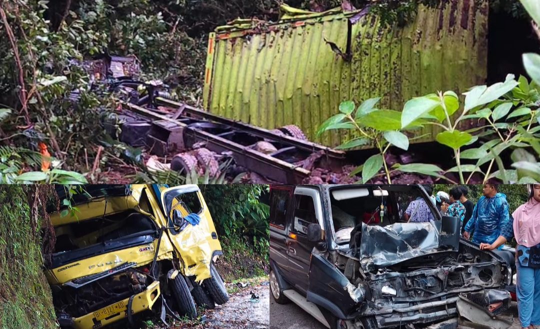 diduga-rem-blong-picu-kecelakaan-beruntun-di-lurah-berangin,-truk-hino-lohan-masuk-jurang